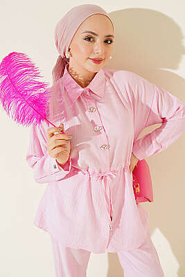 Taşlı Bel Tünelli Tunik İkili Takım Pembe - İkili Takım