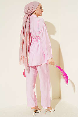 Taşlı Bel Tünelli Tunik İkili Takım Pembe - İkili Takım