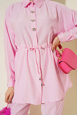 Taşlı Bel Tünelli Tunik İkili Takım Pembe - İkili Takım