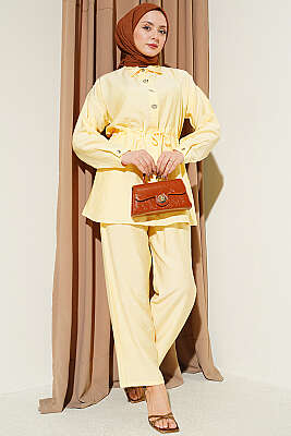 Taşlı Bel Tünelli Tunik İkili Takım Sarı 