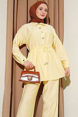 Taşlı Bel Tünelli Tunik İkili Takım Sarı - İkili Takım