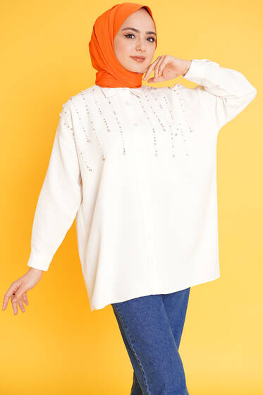 Taşlı Boncuklu Keten Gömlek Ekru - Gömlek