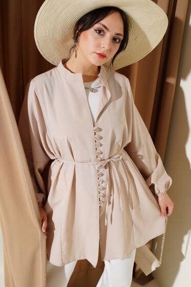 Taşlı Brit Düğmeli Terikoton Gömlek Bej - Gömlek