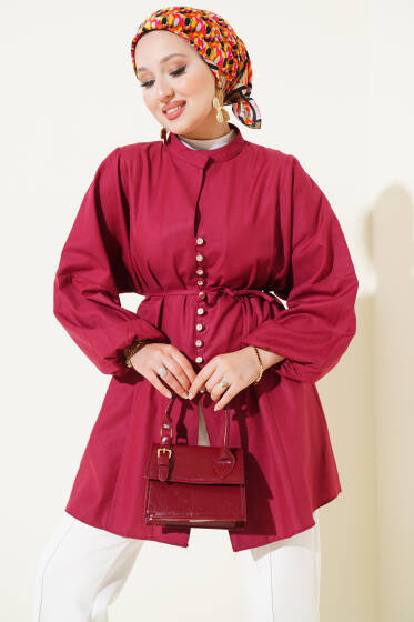 Taşlı Brit Düğmeli Terikoton Gömlek Bordo - Gömlek