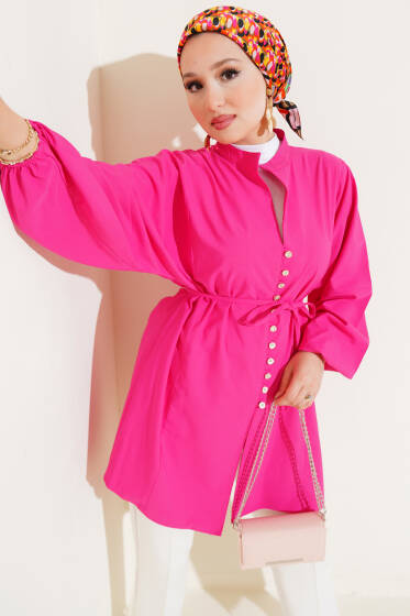 Taşlı Brit Düğmeli Terikoton Gömlek Fuşya - Gömlek