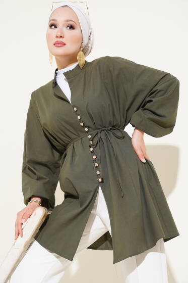 Taşlı Brit Düğmeli Terikoton Gömlek Haki - Gömlek