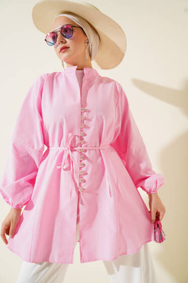 Taşlı Brit Düğmeli Terikoton Gömlek Pembe - Gömlek