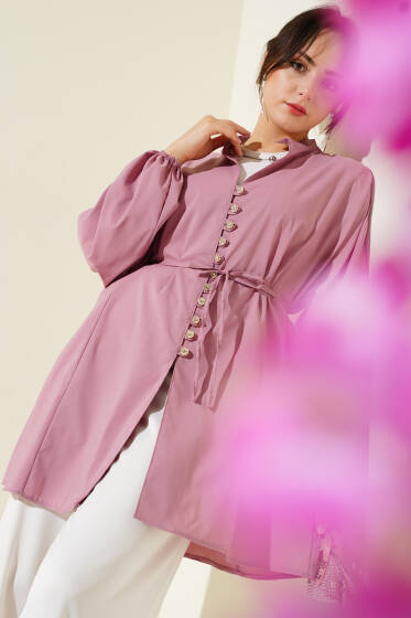 Taşlı Brit Düğmeli Terikoton Gömlek Pudra - Gömlek