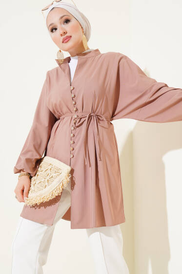 Taşlı Brit Düğmeli Terikoton Gömlek Soğan Kabuğu - Gömlek