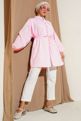 Taşlı Brit Düğmeli Terikoton Gömlek Toz Pembe - 300-500 TL Ürünler