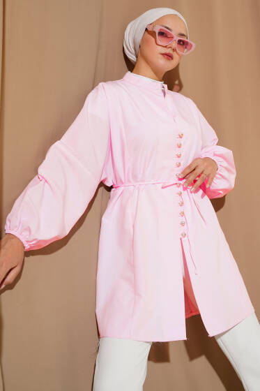 Taşlı Brit Düğmeli Terikoton Gömlek Toz Pembe - Gömlek