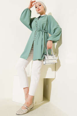 Taşlı Brit Düğmeli Terikoton Gömlek Tunik Mint - 300-500 TL Ürünler