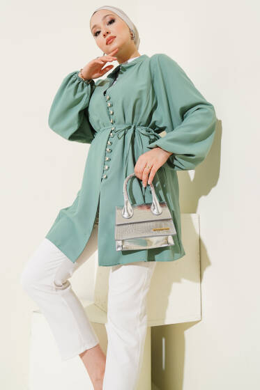 Taşlı Brit Düğmeli Terikoton Gömlek Tunik Mint - Tunik