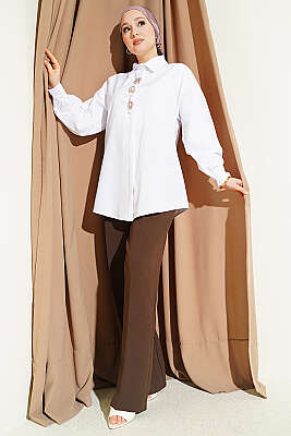 Taşlı Broşlu Gizli Düğmeli Gömlek Beyaz - Gömlek