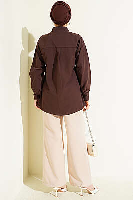 Taşlı Broşlu Gizli Düğmeli Gömlek Kahve - Gömlek