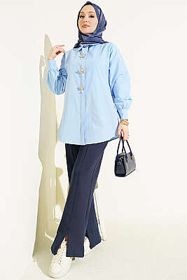 Taşlı Broşlu Gizli Düğmeli Gömlek Mavi - Gömlek