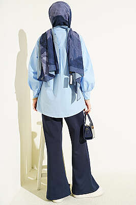 Taşlı Broşlu Gizli Düğmeli Gömlek Mavi - Gömlek