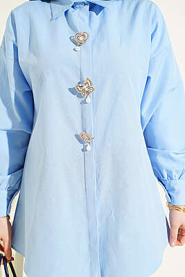 Taşlı Broşlu Gizli Düğmeli Gömlek Mavi - Gömlek