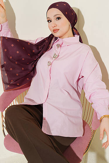 Taşlı Broşlu Gizli Düğmeli Gömlek Pembe - Gömlek