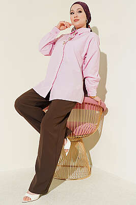 Taşlı Broşlu Gizli Düğmeli Gömlek Pembe - Gömlek