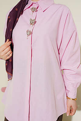 Taşlı Broşlu Gizli Düğmeli Gömlek Pembe - Gömlek