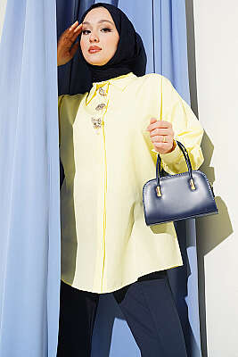 Taşlı Broşlu Gizli Düğmeli Gömlek Sarı - TABLO FASHİON