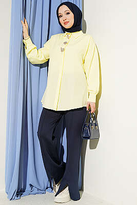 Taşlı Broşlu Gizli Düğmeli Gömlek Sarı - Gömlek