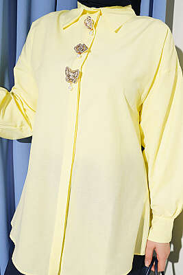 Taşlı Broşlu Gizli Düğmeli Gömlek Sarı - Gömlek