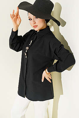 Taşlı Broşlu Gizli Düğmeli Gömlek Siyah - TABLO FASHİON