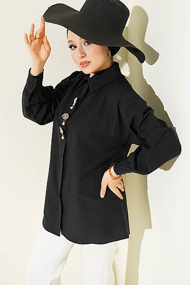 Taşlı Broşlu Gizli Düğmeli Gömlek Siyah - Gömlek