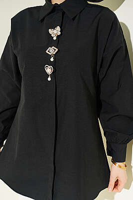 Taşlı Broşlu Gizli Düğmeli Gömlek Siyah - Gömlek