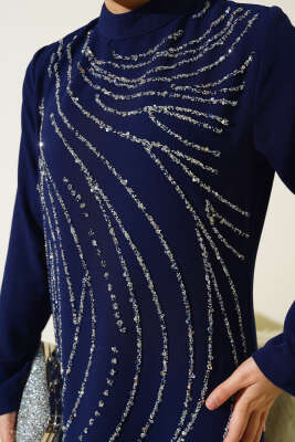 Taşlı Büyük Beden Abiye Elbise Lacivert - Tesettür Elbise