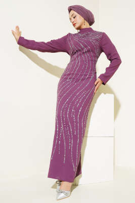 Taşlı Büyük Beden Abiye Elbise Magenta - MUSTİ