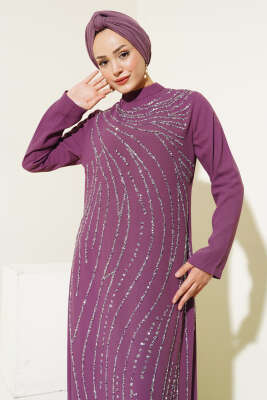 Taşlı Büyük Beden Abiye Elbise Magenta - Tesettür Elbise