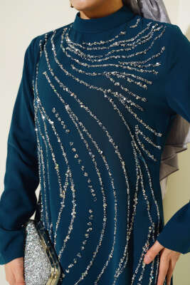 Taşlı Büyük Beden Abiye Elbise Petrol - Tesettür Elbise