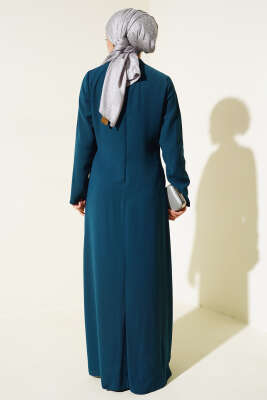 Taşlı Büyük Beden Abiye Elbise Petrol - Tesettür Elbise