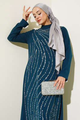 Taşlı Büyük Beden Abiye Elbise Petrol - Tesettür Elbise