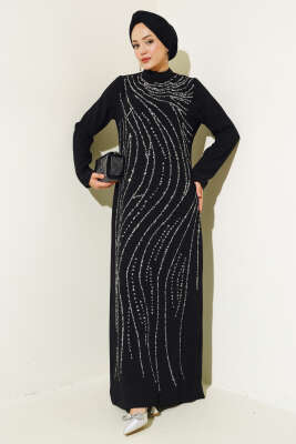 Taşlı Büyük Beden Abiye Elbise Siyah - Tesettür Elbise