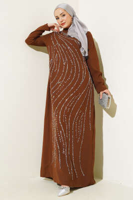 Taşlı Büyük Beden Abiye Elbise Taba - Tesettür Elbise