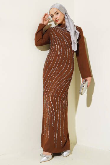Taşlı Büyük Beden Abiye Elbise Taba - Tesettür Elbise
