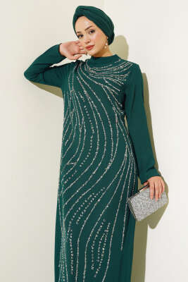 Taşlı Büyük Beden Abiye Elbise Zümrüt - Tesettür Elbise