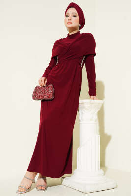 Taşlı Çapraz Yakalı Sandy Abiye Elbise Bordo - DENİZ LIFE