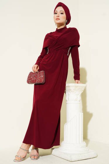 Taşlı Çapraz Yakalı Sandy Abiye Elbise Bordo - Elbise