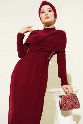Taşlı Çapraz Yakalı Sandy Abiye Elbise Bordo - Elbise