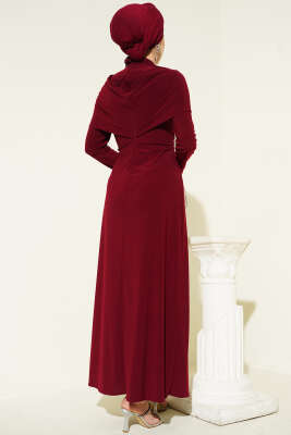 Taşlı Çapraz Yakalı Sandy Abiye Elbise Bordo - Elbise