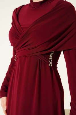 Taşlı Çapraz Yakalı Sandy Abiye Elbise Bordo - Elbise