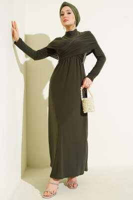 Taşlı Çapraz Yakalı Sandy Abiye Elbise Haki - DENİZ LIFE