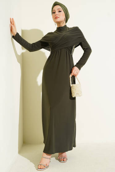 Taşlı Çapraz Yakalı Sandy Abiye Elbise Haki - Elbise