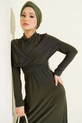 Taşlı Çapraz Yakalı Sandy Abiye Elbise Haki - Elbise