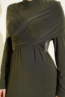 Taşlı Çapraz Yakalı Sandy Abiye Elbise Haki - Elbise